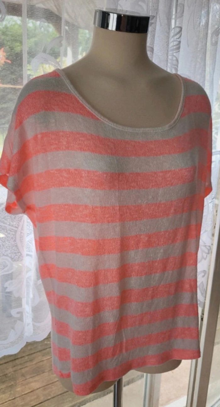Pull à manches courtes rayé rose et blanc – Léger et élégant - photo numéro 2