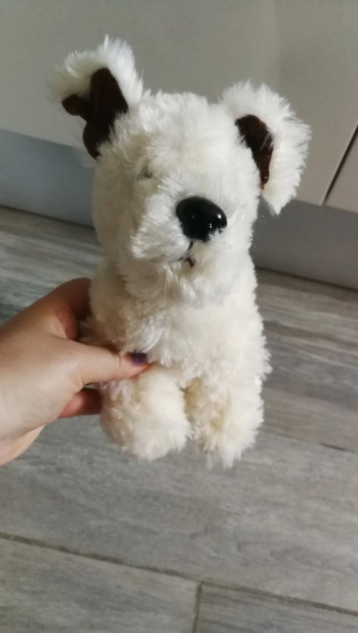 Doudou peluche chien blanc avec collier marron