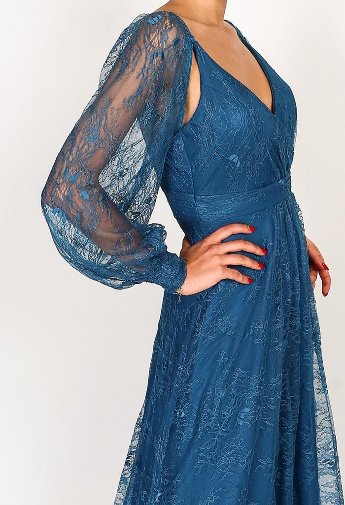 Robe cérémonie mariage bleu petrole en dentelle manche longue taille 38 - photo numéro 3