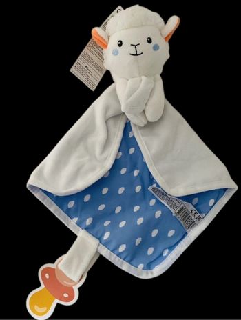 ❤️B3582 Doudou Mouton Agneau Mouchoir Blanc Bleu Extenso Attache Tétine AUCHAN