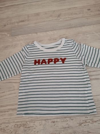 T shirt happy marinière verte et blanche bébé garçon