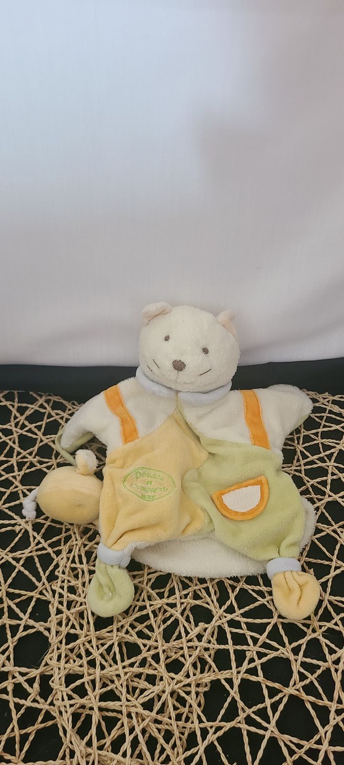 Doudou et compagnie plat marionnette chat blanc vert orange jaune avec souris - photo numéro 3