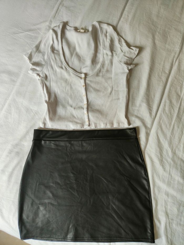 Lot de vêtements femme xl ensemble jean marron mocha mousse jupe simili cuir crop top blanc - photo numéro 5