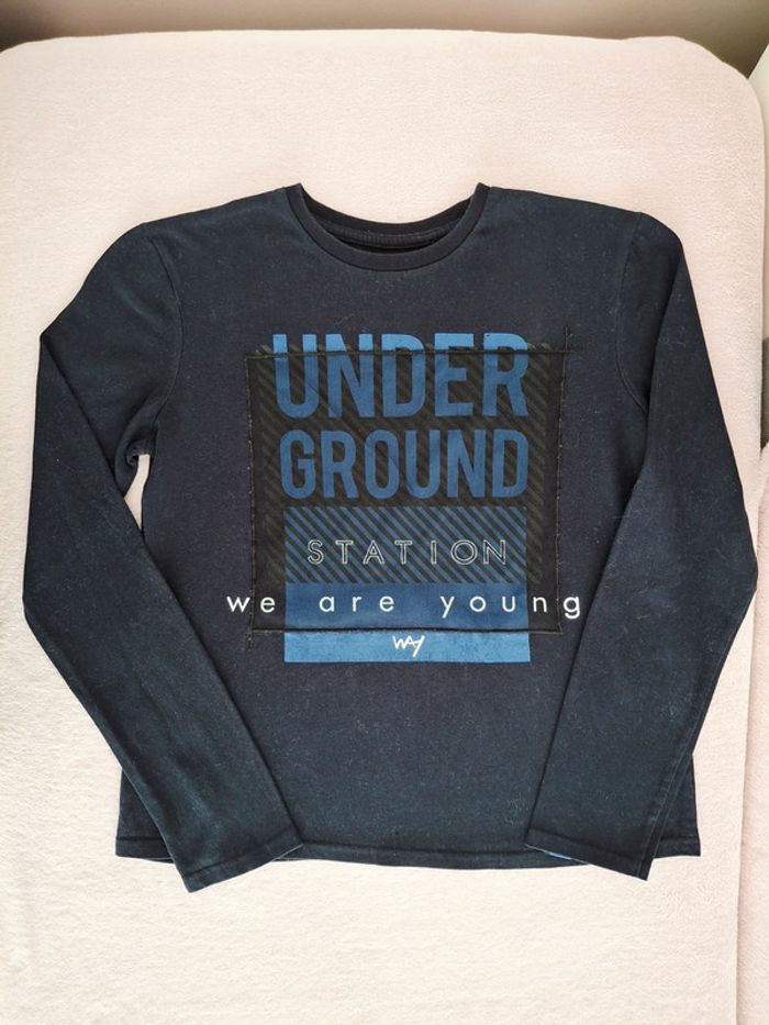 T-shirt manches longues IKKS 12 ans bleu marine avec inscriptions bleues - photo numéro 2