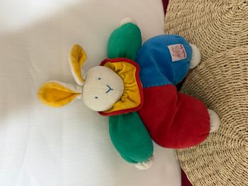 Ancien doudou Lapin bleu rouge vert 35 cm Moulin Roty