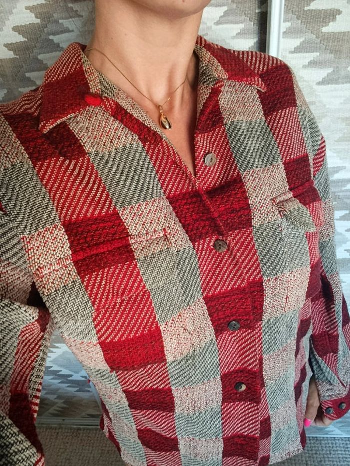 Veste chemise Equipment M à carreaux rouge bordeaux beige laine coto made un France