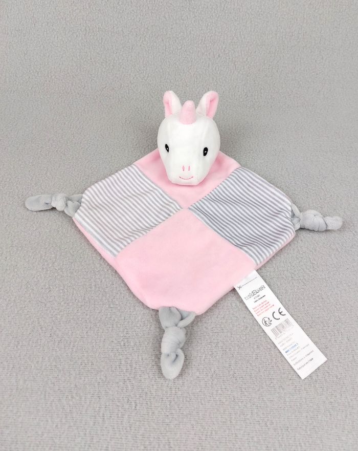 Doudou plat licorne grelot rose rayé gris blanc B&M France Tom et Kiddy ? - A11073