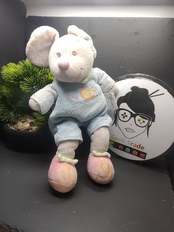 Doudou souris bleu escargot Nattou salopette ancien vert bandana rose peluche