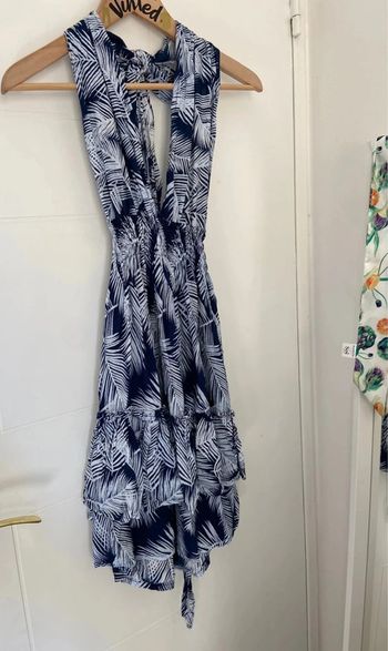 Robe à nouer multi-positions décolleté bleu à feuilles blanches Taille S