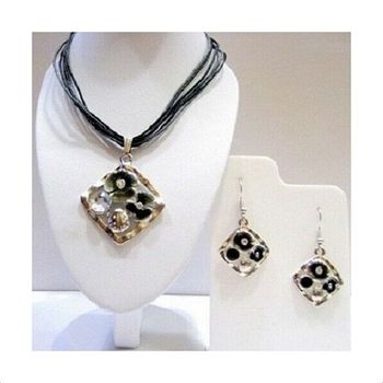 Parure Collier + Boucles Métal Argenté, Email & Strass