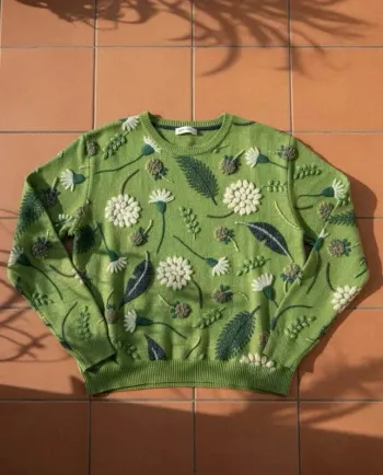Pull vert imprimé fleuri relief, taille S, style rétro bohème chic