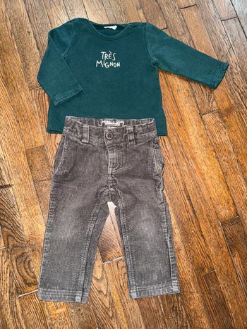 T-shirt épais Bout’chou et pantalon velour chateau de sable  18 mois