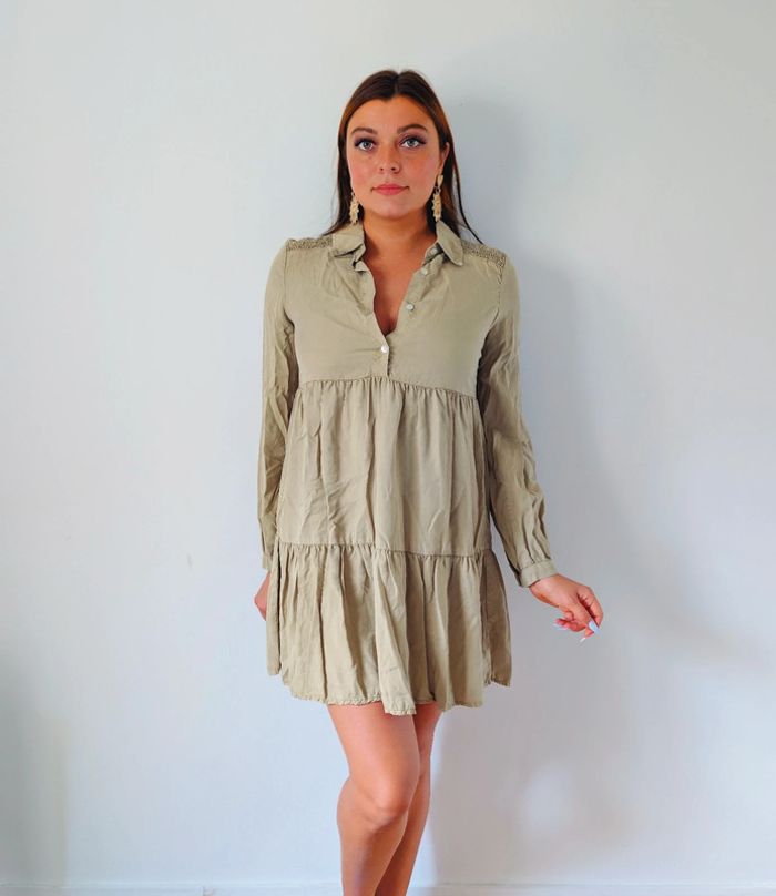 Robe trapèze babydoll kaki style moderne tendance Zara taille 34 - photo numéro 4