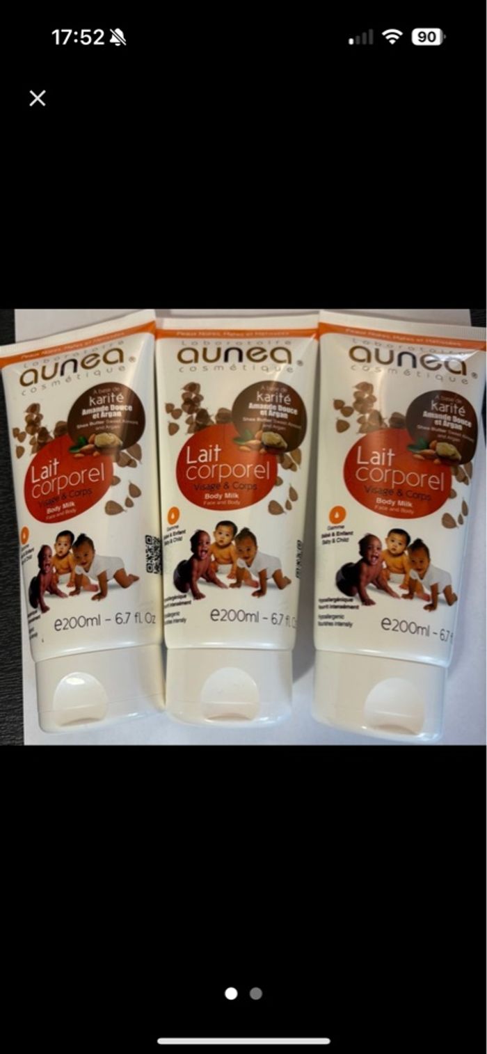 LOT DE 3 - AUNEA COSMÉTIQUE - Lait Corporel Bébé & Enfant Karité Amande Argan 200ml x 3
