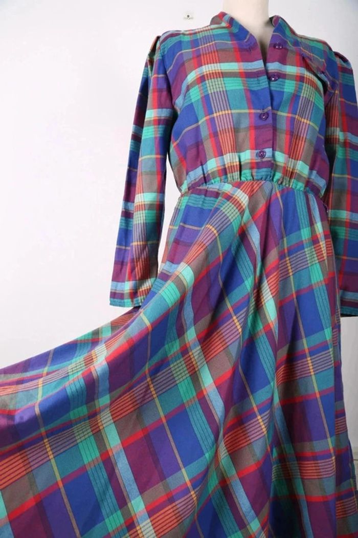 Petite robe vintage 80's en coton et viscose motif à carreaux (#250013)