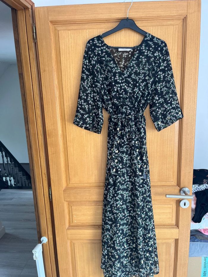 Robe longue soirée fluide vert fleuri doré S