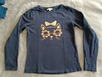 T shirt chat doré séquins pailletés DPAM 10 ans bleu