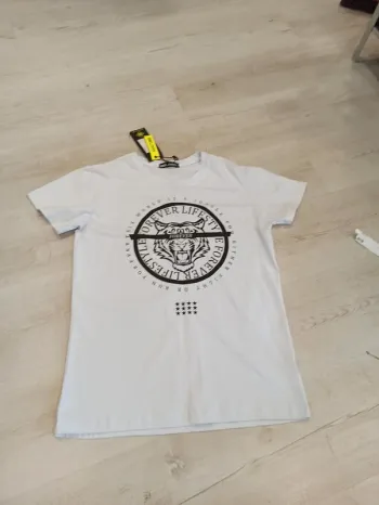 Tee shirt pour homme blanc tête de tigre noire flocage taille S