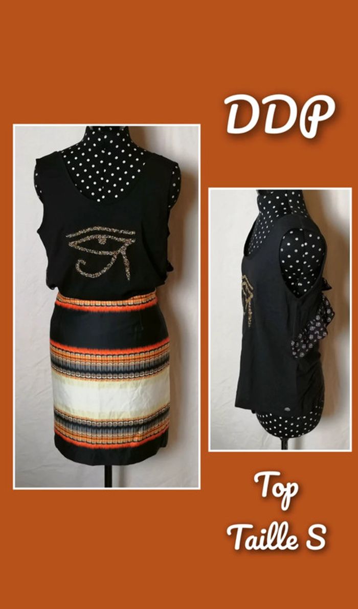 Top / débardeur noir motif égyptien oeil hiéroglyphes perles taille S DDP