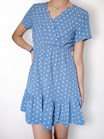 Robe patineuse col V ondulé bleu pois blanc / Ikoone&Bianka - 38/M à 40/L