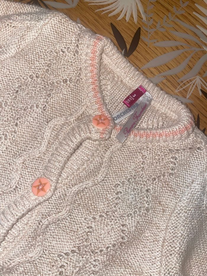Gilet en tricot beige & fil rose or orchestra bb 3 mois - photo numéro 2