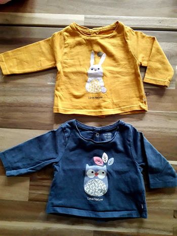 Lot 2 hauts manches longues Obaïbi motif lapin / hibou