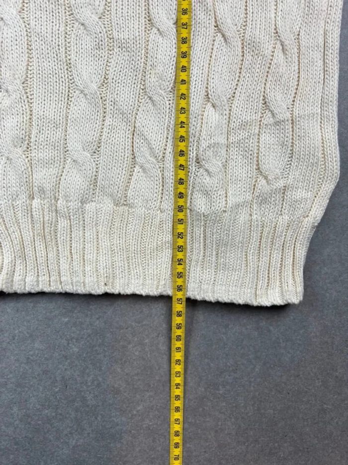 Pull d’hiver torsadé en maille pima Cotton blanc crème logo bleu marine col V taille M femme - photo numéro 12