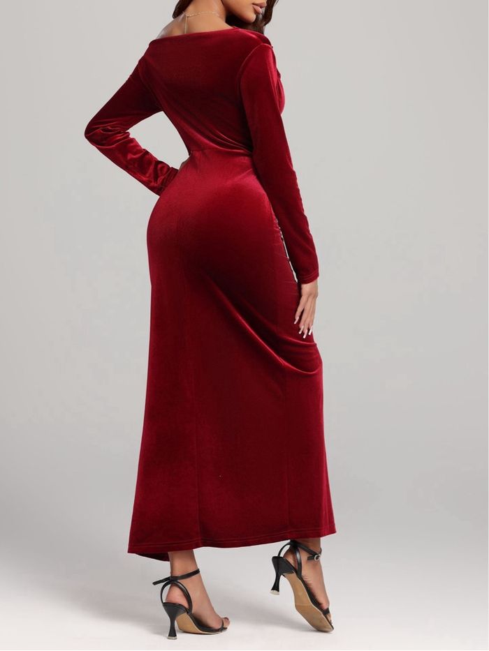 Robe en velours rouge à manches longues pour femmes, robe en velours rouge, col carré, taille mince élégante, vêtements pour femmes d’automne - photo numéro 7