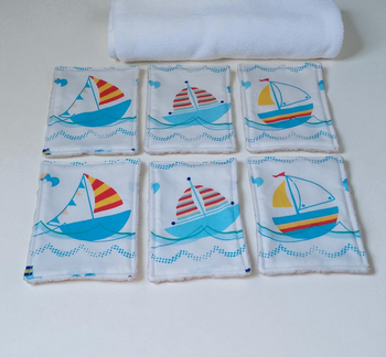 Lot de 6 grandes lingettes, débarbouillettes coton doublé éponge bambou, modèle bateau