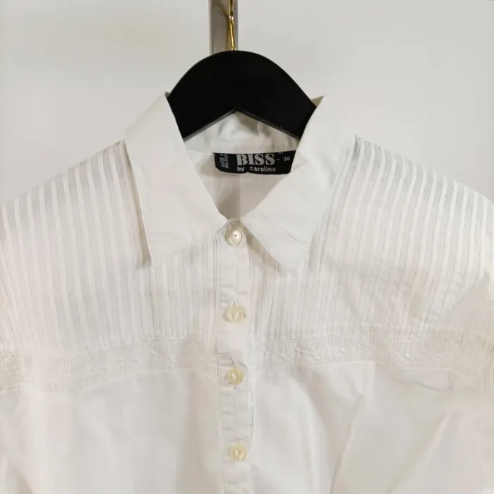 Chemise blanche manches courtes à plis nervurés BISS by Caroline, taille 38 vintage A821 - photo numéro 2