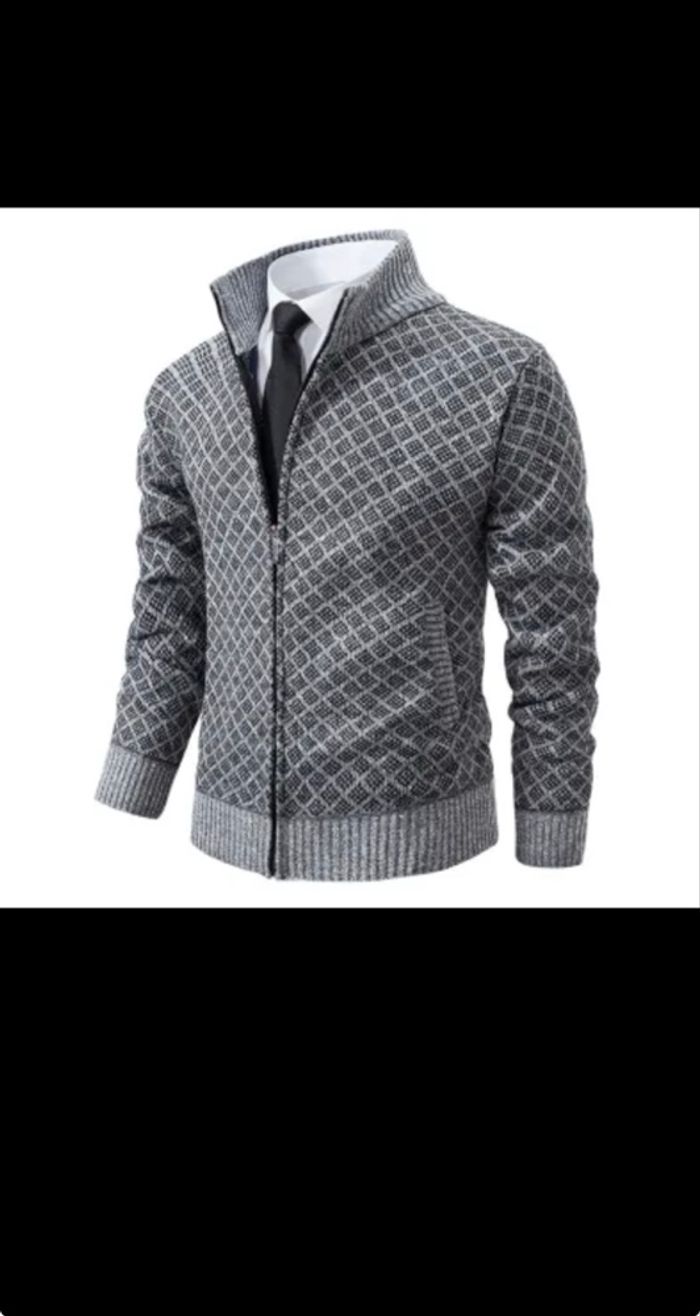 Veste imprimée à carreaux épaissie Cardigan Mode Slim Fit Zipper Stand Collar Pull Hiver Hommes Casual Manches longues Tricoté Top Vêtements - photo numéro 3