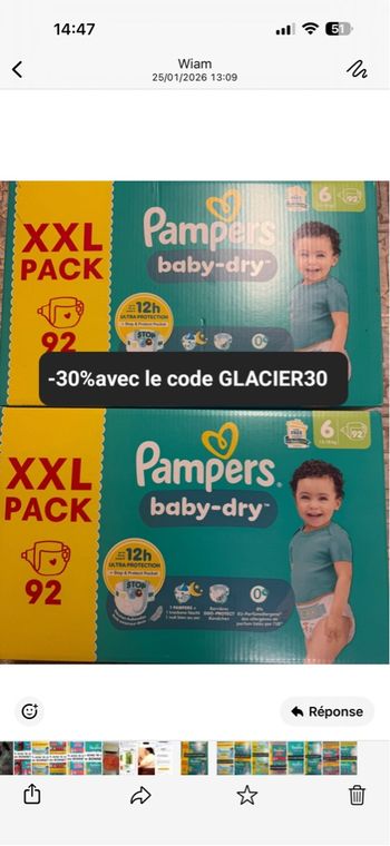 2 cartons de couches Pampers taille six 
