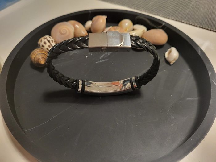 Bracelet homme 21 cm tressé cuir noir et acier inoxydable neuf - photo numéro 3