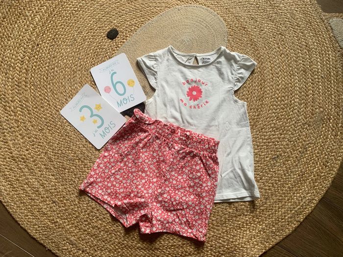 Ensemble t-shirt short coton fleurs blanc rose Kiabi 36 mois 3 ans