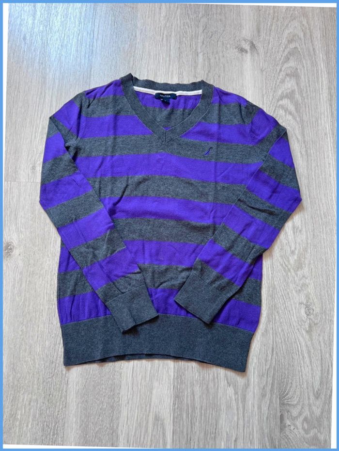Pull femme fin col V Nautica avec logo brodé Violet et Gris Taille S - photo numéro 2