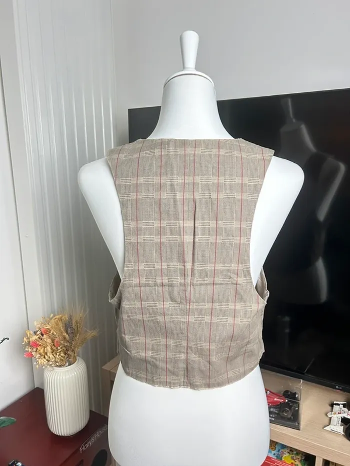 gilet cintré vintage à carreaux beiges style y2k taille L - photo numéro 2
