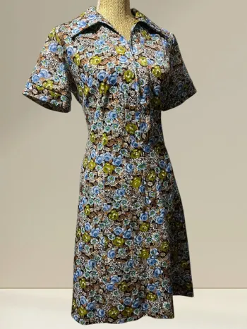 Robe vintage 70s/80s – Floral marron, vert, bleu – Taille M – Style rétro