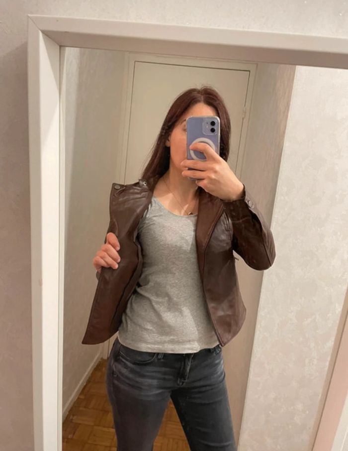 Veste en cuir asymétrique marron neuve jacks