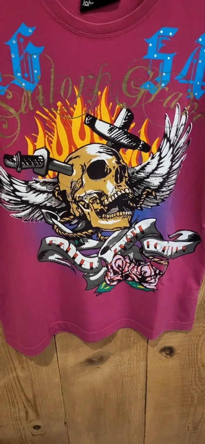 T-shirt vintage rock skull flamme violet - John Devin - style oversize femme -Très bon état - photo numéro 3
