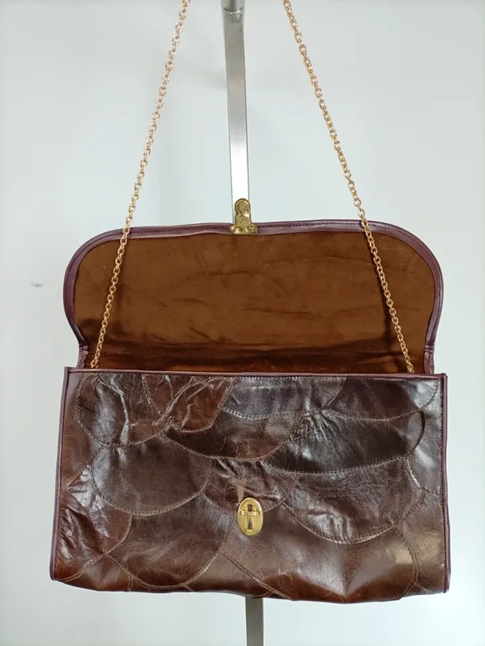 sac à main Vintage - Léger en cuir avec chainette dorée patchwork cuir - photo numéro 3