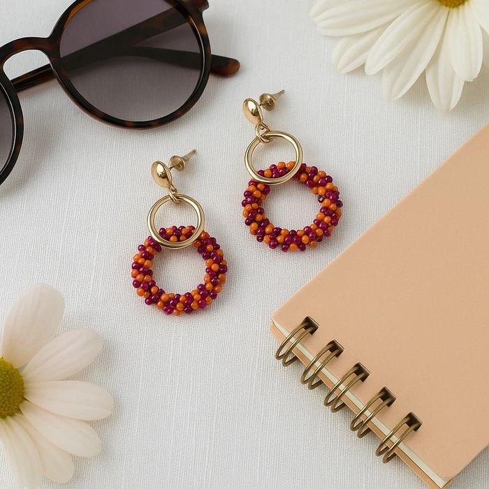 🌸 Boucles d’oreilles perles colorées – Orange & Fuchsia