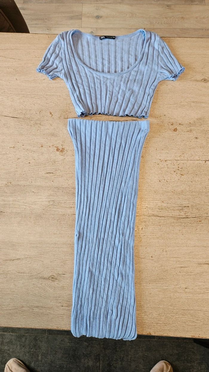 Ensemble croc top et jupe longue cotellé, bleu clair, Zara, taille M