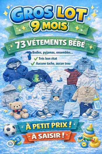  Lot vêtements bébé garçon – 9 mois – 73 pièces 