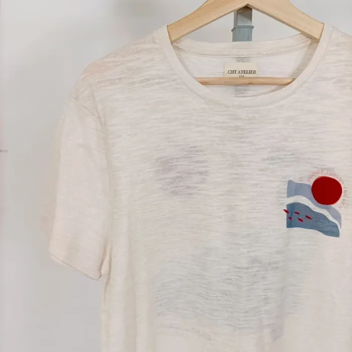 T-shirt blanc effet chiné imprimé Baliha Beach neuf Taille M CMT Atelier A412 - photo numéro 4