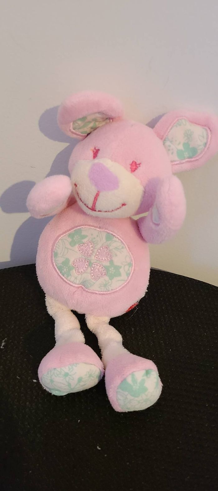 Doudou Lapin Rose Broderie Trèfle 20 cm Tex - photo numéro 5