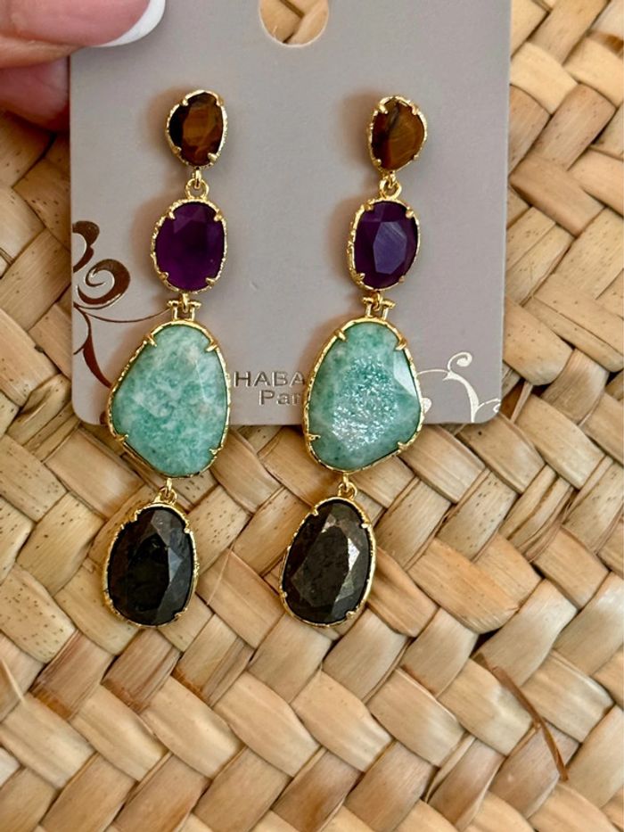 Grande boucles d’oreilles habaha Paris jade  obsidienne améthyste œil de tigre