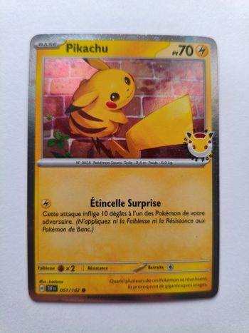 Carte 3 swirl🌀Pokemon promo Pikachu 051/162 holo fr Stamp 30 ans