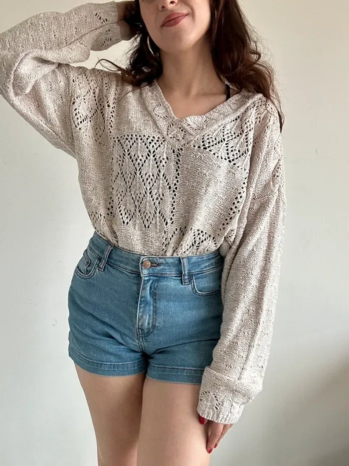 Pull vintage années 80 beige col V oversize taille M - photo numéro 2