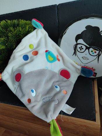 doudou mouchoir plat ours oiseau bleu gris blanc orange vert rond nicotoy DD3238