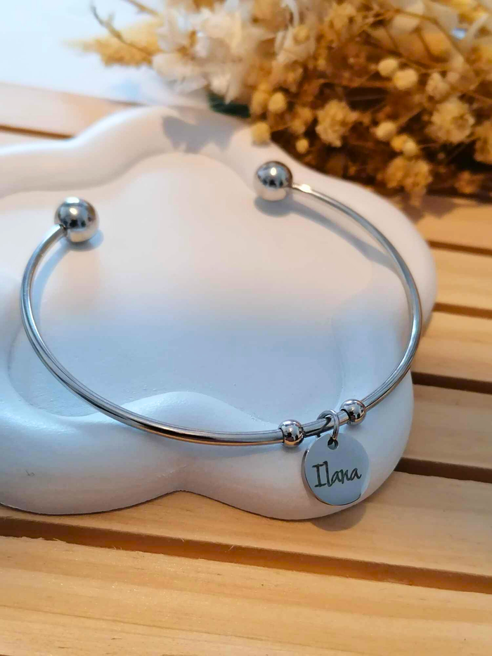 Bracelet jonc personnalisé en acier inoxydable ajustable – Gravure prénom, initiales ou message - photo numéro 2